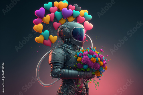 The alien warrior astronaut robot in cyber suit, helmet made of fresh Spring flowers and hearts balloon, mask portrait tells a story of love in the future. Valentine's Day from space. A fictional 3d c © jambulart