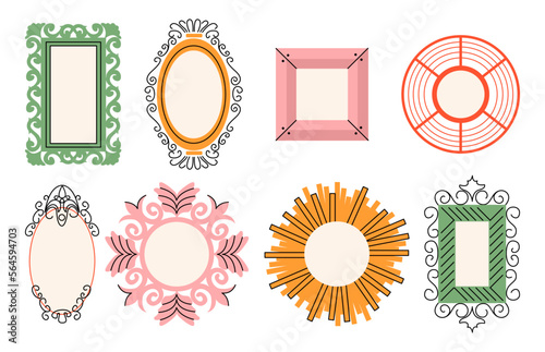 Set of various decorative Frames or borders. Different shapes. Photo or mirror frames. Vintage, retro design. Elegant, modern style. Hand drawn trendy Vector illustration isolated on background