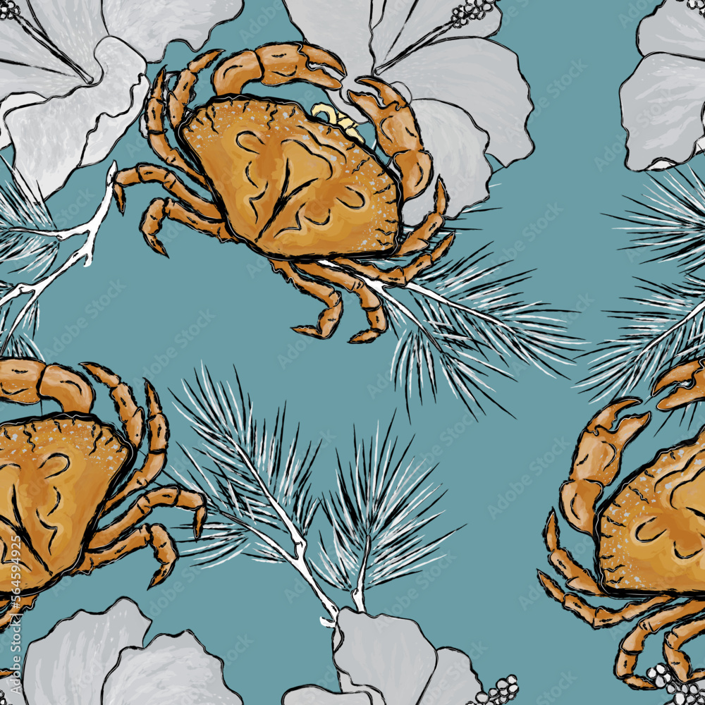 seamless vector pattern, silver hibiscus and golden crabs on a blue background seamless vector pattern, silver hibiscus and golden crabs on a blue background