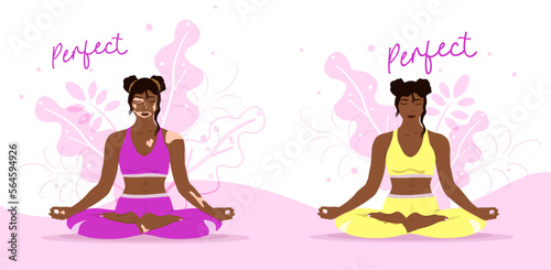 Dark-skinned girl with vitiligo and normal skin. Relax and practice yoga. Peace concept. Different