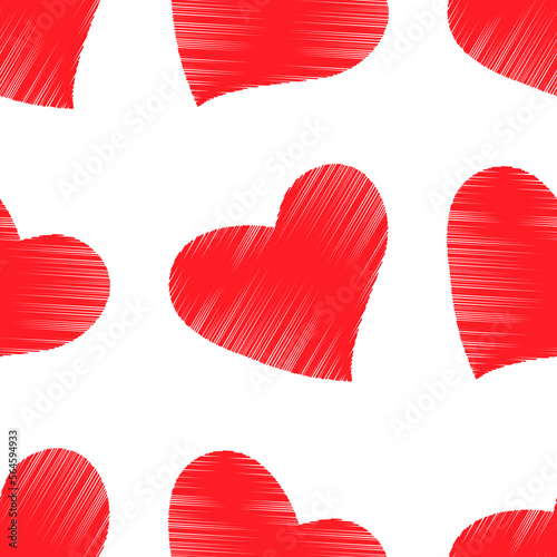 Hatched red hearts on white background seamless pattern