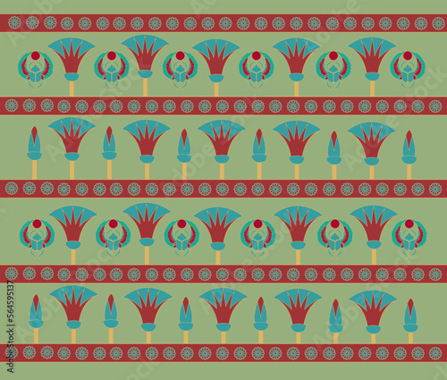 Ancient Egyptian Ornament louts and  scarab - Illustration Vector Background Pattern 