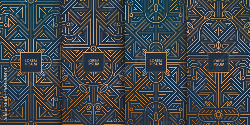 Vector set of line design in trendy vintage style, abstract art deco geometric frames, luxury package templates with leaves. Use for wedding invitation, chocolate, wine, cover, card, print, poster.