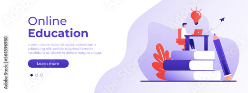 Online education concept. Vector layout for website page. Illustration in flat style with people studying remotely. Students learning online at home. Vector illustration EPS 10