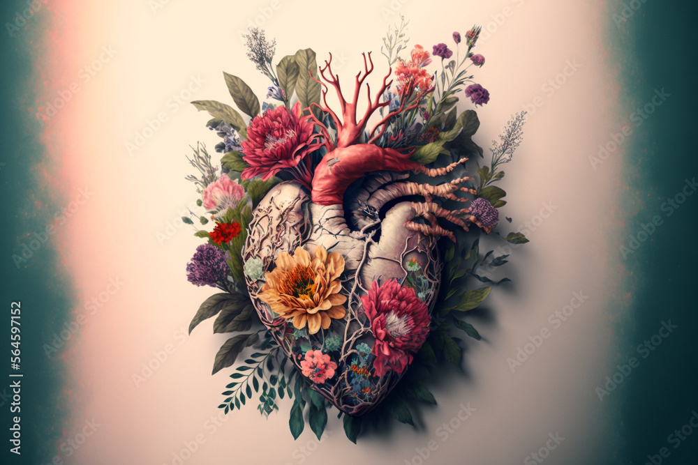 generative Ai of a human heart and flowers in pastel colors. Stock ...