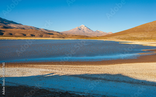 Landscape with volcano and lake, Isluga National Park in Chile