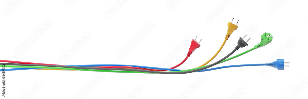 A bundle of wires with electrical plugs. Suitable for projects related to electricity, electrical wiring, technology, communication and network connectivity. 3D Illustration. White background. A bundle of wires with electrical plugs. Suitable for projects related to electricity, electrical wiring, technology, communication and network connectivity. 3D Illustration. White background.