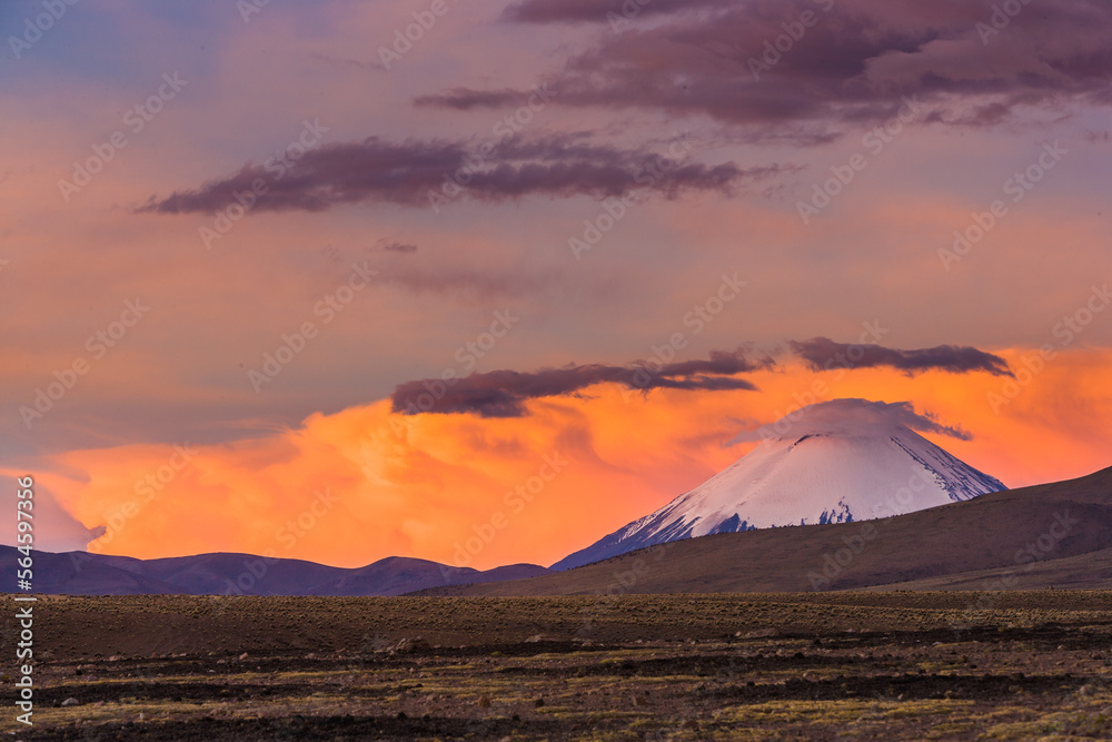 Landscape with the snow capped volcano Parinacota at sunrise, Chile