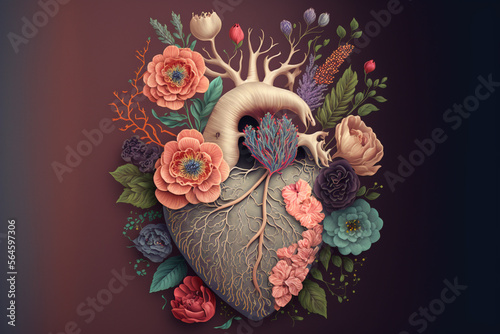 generative Ai of a human heart and flowers in pastel colors. 