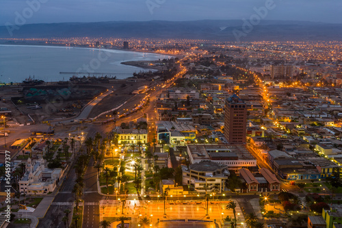 Aerial view of the city of Arica in the north of Chile before sunrise photo