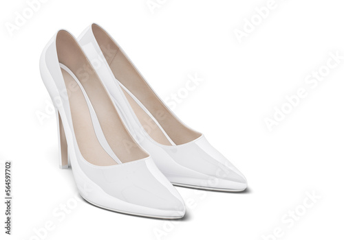 Elegant women's high-heeled shoes. Patent leather. White color. 3d illustration. Isolated on white background