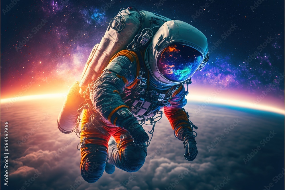 Astronaut in the sky diving in the universe with neon RGB light effect