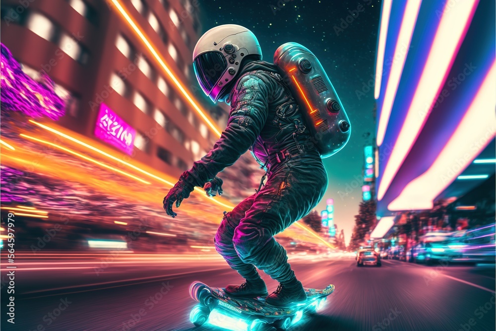 Astronaut Surfing on a hoverboard in a cyberpunk city in neon light effects. Astronaut on the skateboard. astronaut. cyberpunk. illuminated exposure blur background. Generative AI Astronaut Surfing on a hoverboard in a cyberpunk city in neon light effects. Astronaut on the skateboard. astronaut. cyberpunk. illuminated exposure blur background. Generative AI