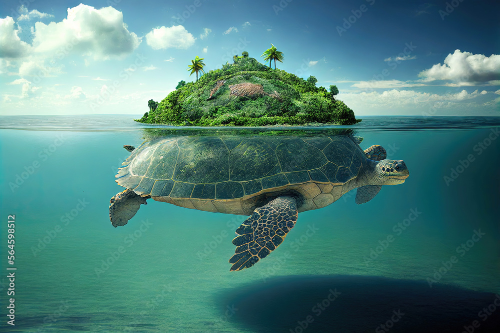 Giant sea turtle swimming in ocean with island on her back (Generative AI)