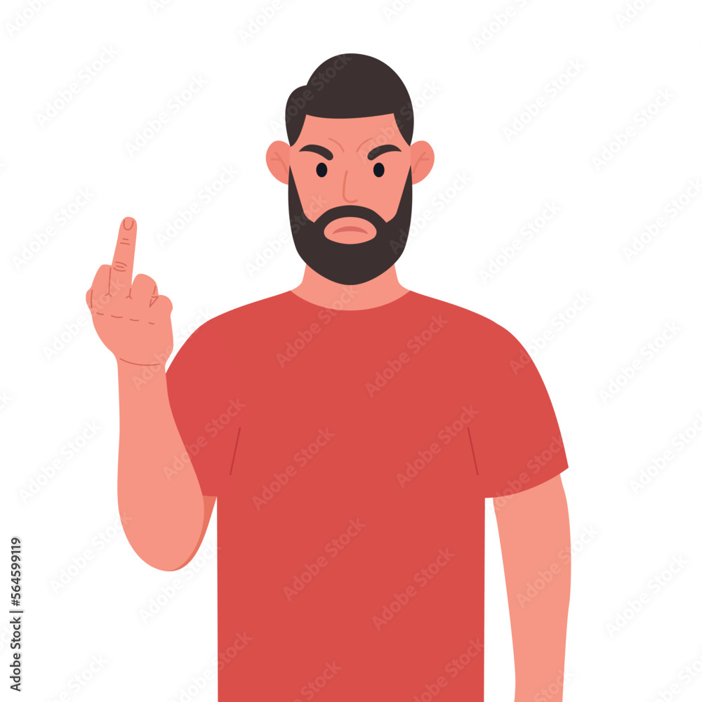 Bearded man showing off middle fingers. Obscene gesture. Vector illustration. Bearded man showing off middle fingers. Obscene gesture. Vector illustration.