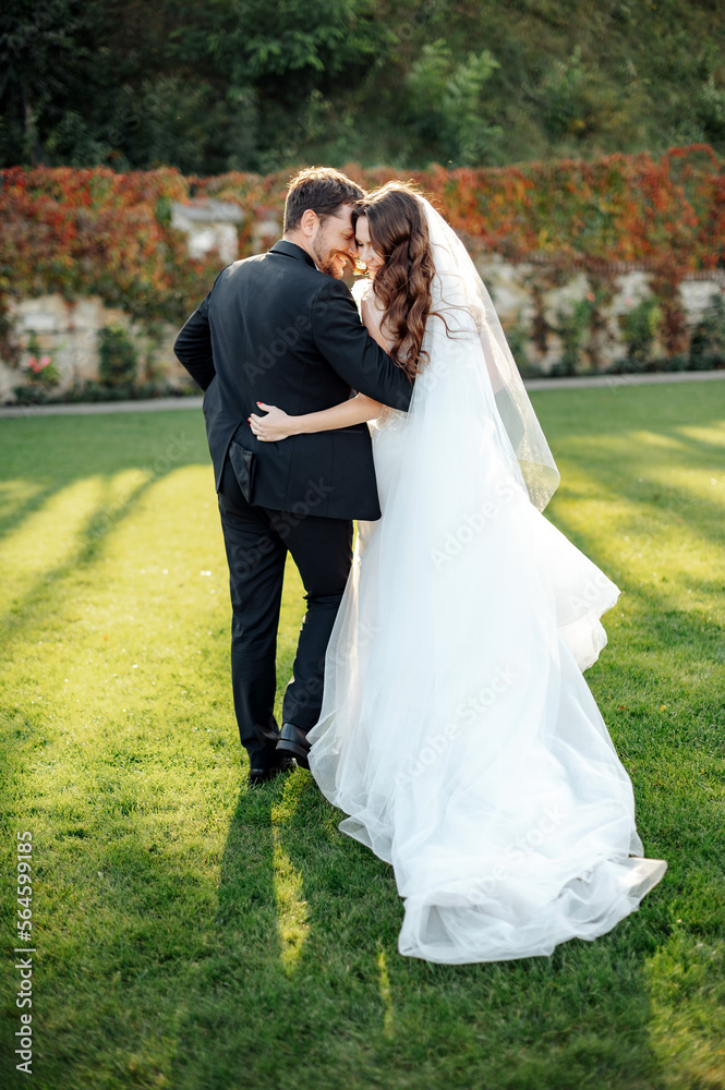 Back view of bride and groom embracing and posing on a background of garden Back view of bride and groom embracing and posing on a background of garden