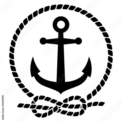Silueta de ancla de barco en marco círcular de cuerda con nudo marinero