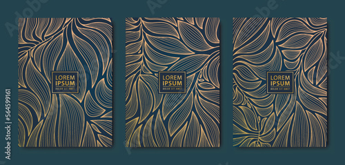 Vector japanese leaves art deco patterns. Floral golden elements template in vintage style. Luxury black line covers, flyers, brochures, packaging design, social media post, banners.