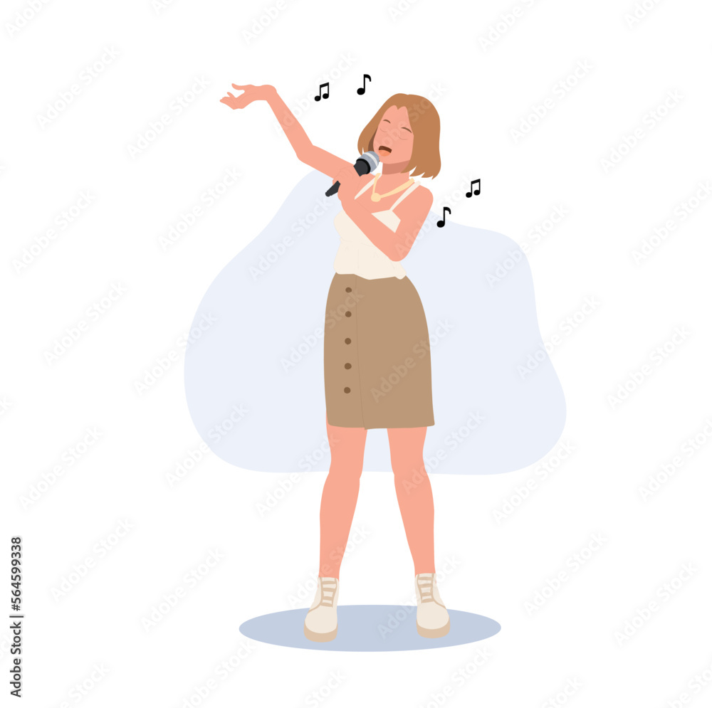 Woman Singer. woman with microphone is singing. Flat vector illustration. Woman Singer. woman with microphone is singing. Flat vector illustration.