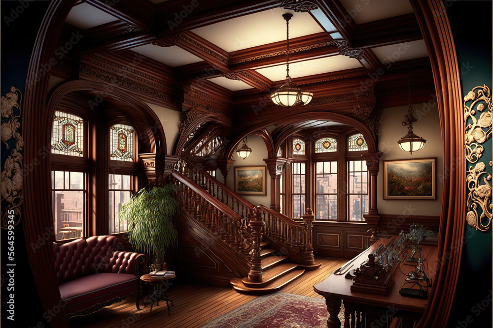 Dark gothic mansion victorian style interior with staircase and lamp ...