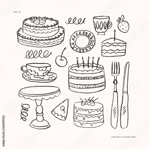 Doodle style bakery collection. Layer cake with fork and cup. V