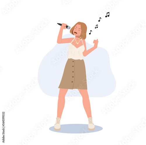 Woman Singer. woman with microphone is singing. Flat vector illustration.