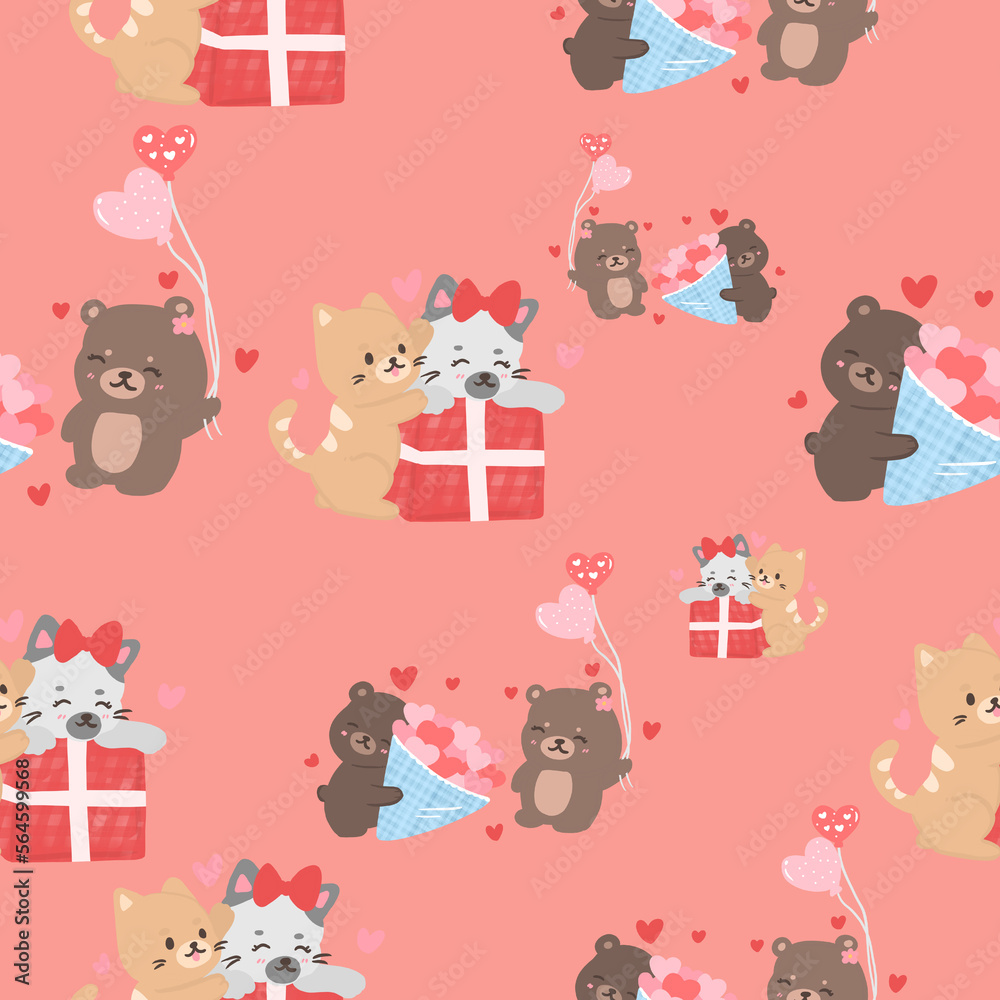 cute cats and bear and animals in love valentine day seamless pattern soft pink background