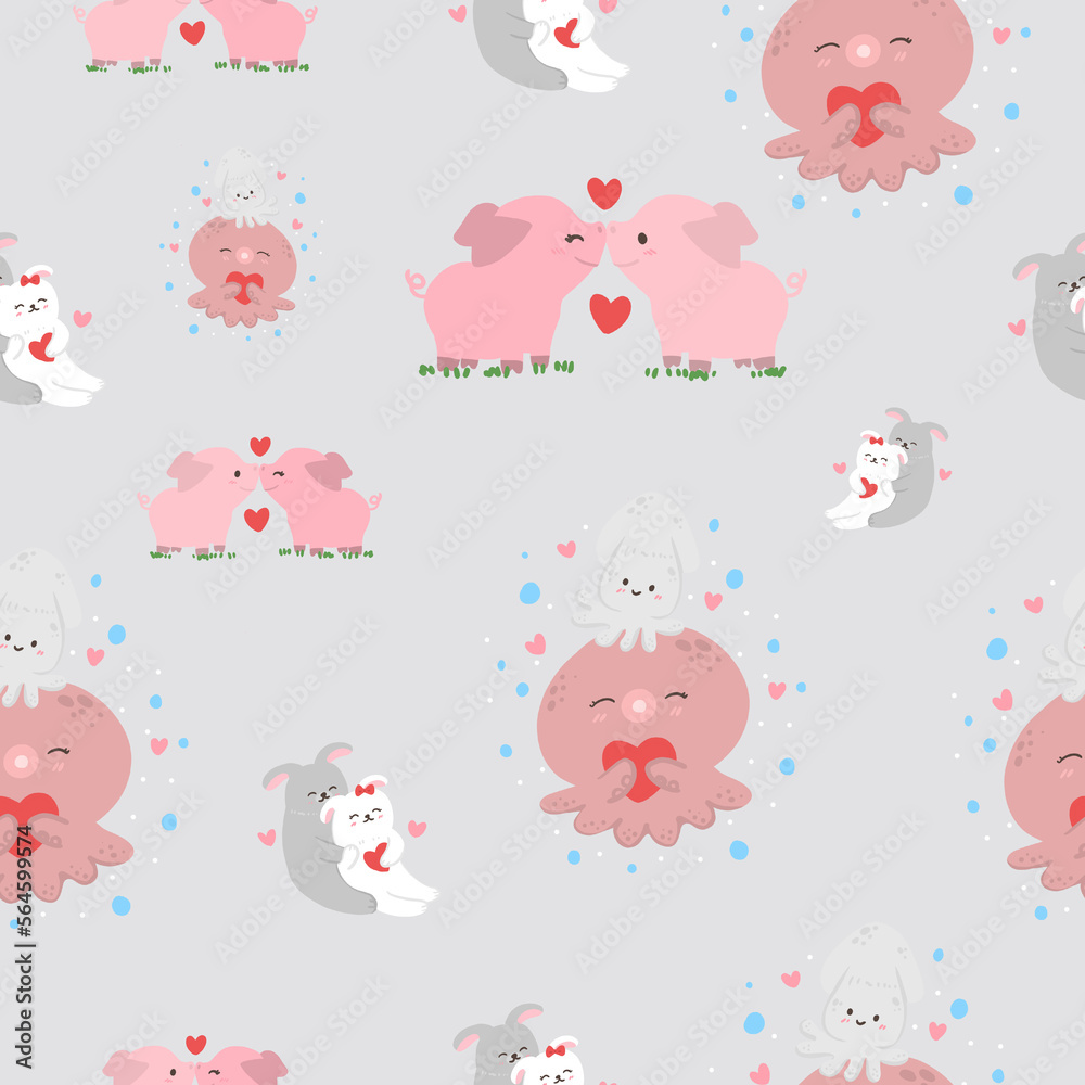 cute pigs, rabbits and octopus animals in love valentine day seamless pattern grey background