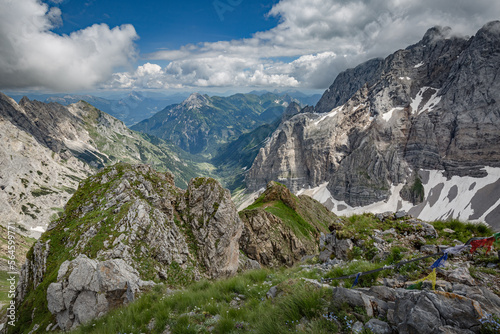 Between Italy and Austria: on the top of mountain near Volaia Lake Raunchkofer Mountain (Lago di Volaia Monte). Mountain hiking Trail Road. © ILLYA