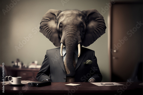Portrait of an elephant in a business suit, at the office