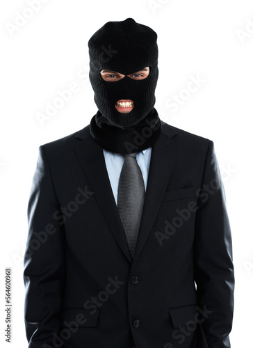 Photos Corporate, crime and mask portrait of businessman hiding identity for criminal behaviour