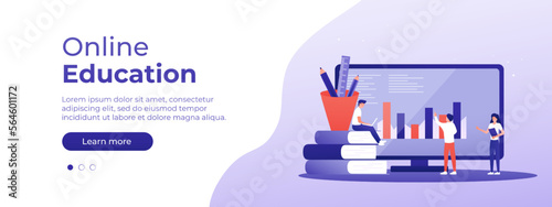 Online education concept. Vector layout for website page. Illustration in flat style with people studying remotely. Students learning online at home. Vector illustration EPS 10