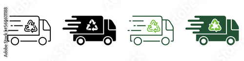 Fast Garbage Truck with Recycle Line and Silhouette Icon Set. Vehicle Transport for Waste. Ecology Trash Transportation Service Symbol Collection on White Background. Isolated Vector Illustration
