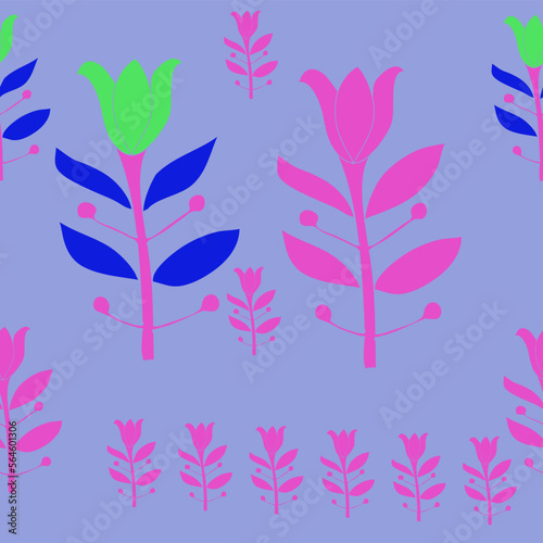 Horizontal stylized colored lily, leaves . Hand drawn.