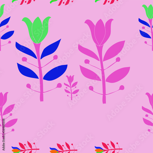 Seamless stylized colored lilly, leaves . Hand drawn.