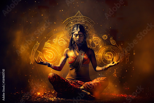 Mystical meditation scene with a serene figure channeling spiritual energy in a cosmic setting, adorned with symbolic chakra patterns. generative Ai 
