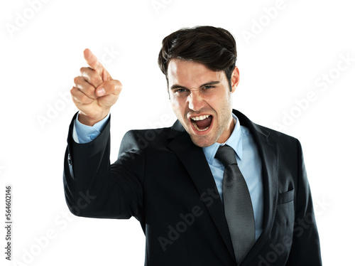 Shouting, hand pointing and angry man portrait of a business employee with white background. Frustrated, anger and shouting scream with hand gesture about work, stress and career mistake in studio