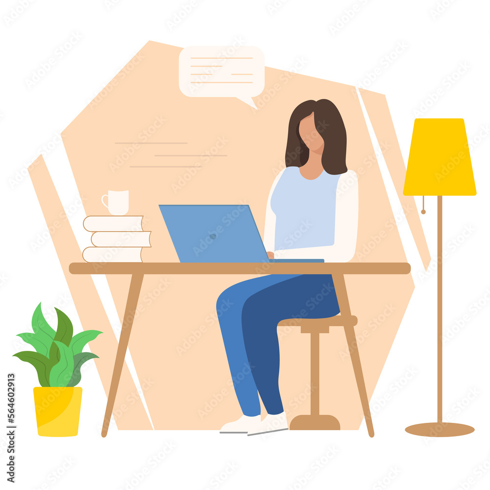 Businesswoman is sitting at a table with a laptop. The woman is sitting at the table with a laptop. vector illustration