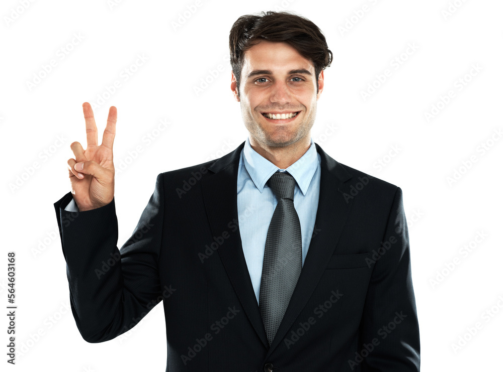 Portrait, businessman and peace, hand and sign in studio, mindset and standing on white background. Peace sign, emoji and young entrepreneur confident about startup, idea and career goal and isolated Portrait, businessman and peace, hand and sign in studio, mindset and standing on white background. Peace sign, emoji and young entrepreneur confident about startup, idea and career goal and isolated