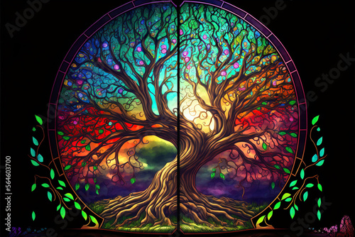 Abstract stained glass tree with colorful magical fantasy leaves, Generative AI