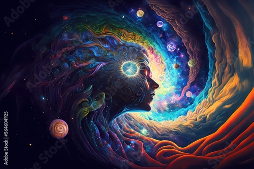 Trippy psychedelic art astral projection quantum realm, High quality illustration. Generative AI