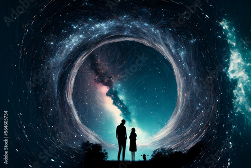 Galactic love: A couple's romantic story illustrated against a galaxy background by Generative AI Generative AI 