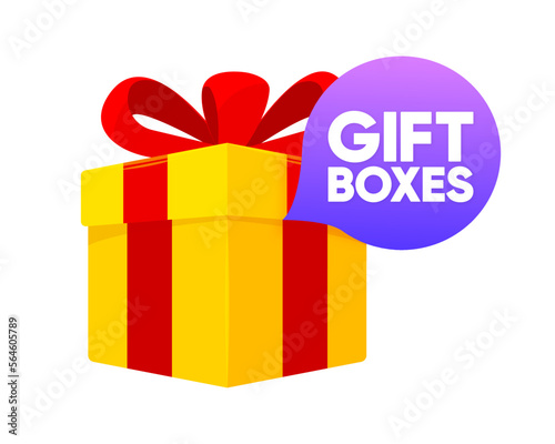Gift Boxes label banner. Modern banner with Surprise Gift. Web template for promotion. Gift Boxes label, sticker or tag icon. Bonus icon. Vector illustration.