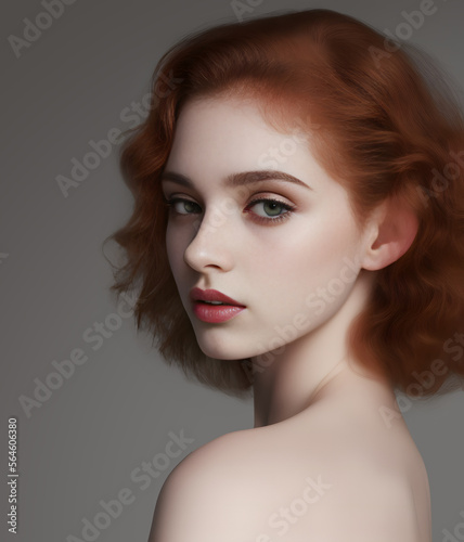 Fashion portrait of beautiful redhead girl with green eyes looking over the shoulder at camera, isolated on grey studio background. Generative Ai