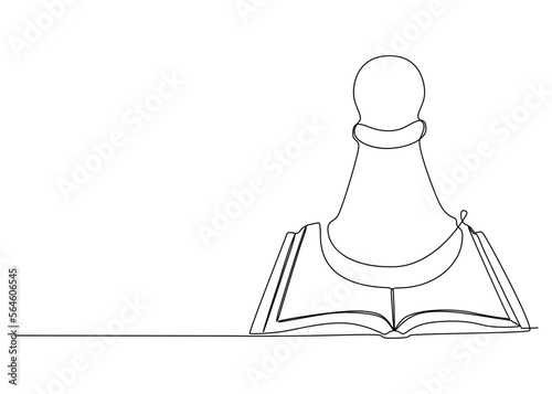 One continuous line of Opened Book and Chess Pawn. Thin Line Illustration vector concept. Contour Drawing Creative ideas.