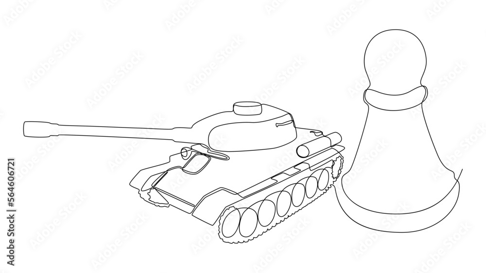 One continuous line of Chess Pawn with Armored Tank. Thin Line Illustration vector concept. Contour Drawing Creative ideas.