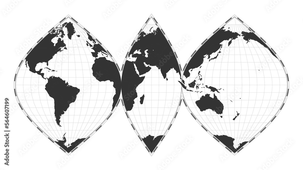 Vector world map. Interrupted sinusoidal projection. Plain world geographical map with latitude and longitude lines. Centered to 60deg W longitude. Vector illustration.