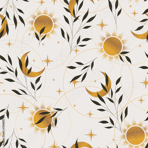 Magic seamless vector pattern with plants, stars, crescent and sun. Boho pattern for astrology, textiles, wrapping paper, design.