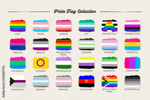 LGBTQ+ sexual identity pride flags collection. Flag of gay, transgender, bisexual, lesbian etc. Pride concept
