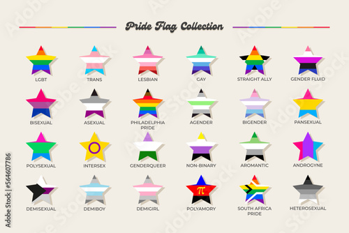 LGBTQ+ sexual identity pride flags collection. Flag of gay, transgender, bisexual, lesbian etc. Pride concept, star shaped